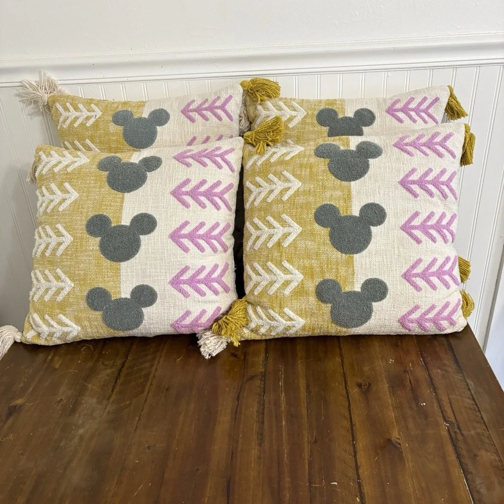 Set of 4 Disney Parks Mickey Mouse Throw Pillow Home Collection Pink Yellow Gray